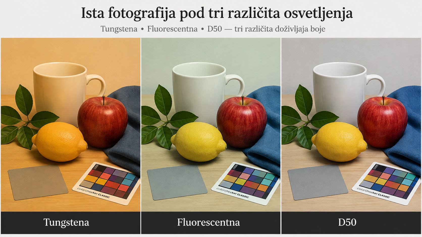 Tungstena (~2700 K) daje topao, žutkast doživljaj; fluorescentna svetlost ima neravnomernu spektralnu raspodelu; D50 je standardno posmatračko svetlo za ocenu otisaka po ISO 3664.